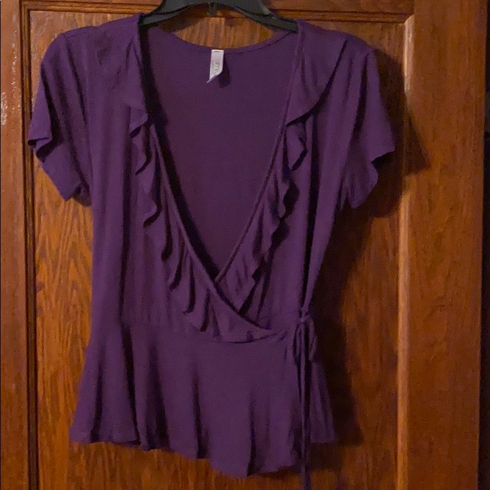 Purple, low cut wrap top